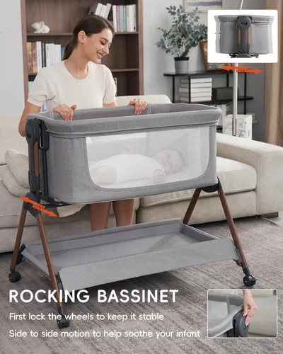 Miniatura 3 de Cuna para bebé - Cuna para dormir al lado de la cama, Cunas al lado de la cama 3-en-1 para bebé, Cuna con movimiento, con colchón cómodo, ruedas