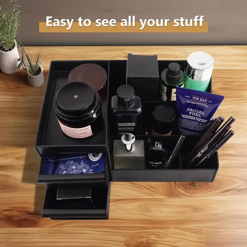 Miniatura 2 de Organizador de tocador negro con cajones – Caja grande de almacenamiento para hombres en encimera para colonia, cuidado de la piel, maquillaje