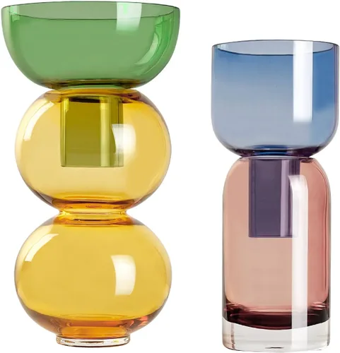Miniatura 6 de Cloudnola Juego de 2 floreros reversibles de cristal y florero de flores, rosa, azul, verde y amarillo, juego de regalo ideal para el hogar, bodas
