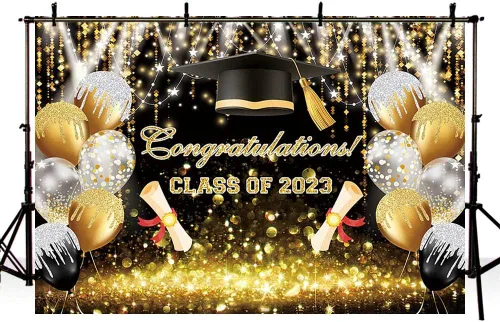 Miniatura 4 de AIBIIN Fondo de globo Bokeh con purpurina de 7 x 5 pies para la clase de 2023, color negro y dorado con purpurina Bokeh, felicitaciones por fiesta