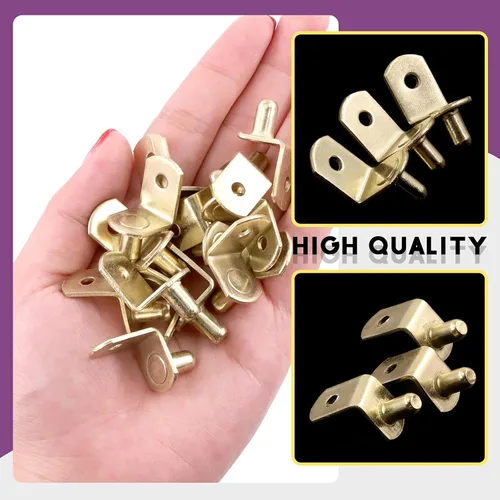 Miniatura 5 de Swpeet 60 pines para estante en L, clavijas de soporte doradas de 0.236 pulgadas con agujero, soporte de acero chapado en acero, clips de gabinete