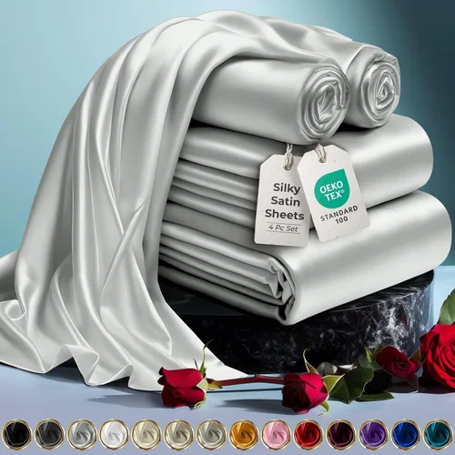 Miniatura 38 de DECOLURE Sábanas de satén para cama - Juego de 6 piezas de ropa de cama de lujo sedosa tamaño King - Más suave que la seda, sin arrugas con sábana