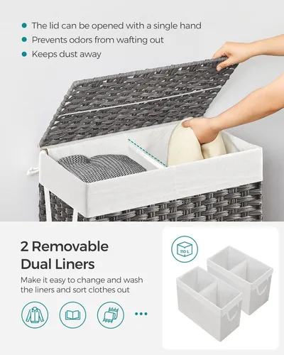 Miniatura 3 de SONGMICS Cesta de lavandería con tapa, cesta de ropa de 110 litros con 2 bolsas de forro extraíbles, 6 bolsas de malla, canasta de mimbre para Gris