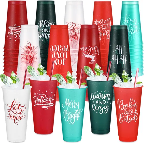 Miniatura 7 de Tioncy 50 vasos de plástico de Navidad con tapas y popote a granel, vasos de plástico de Navidad reutilizables de 25 onzas, tazas de Navidad