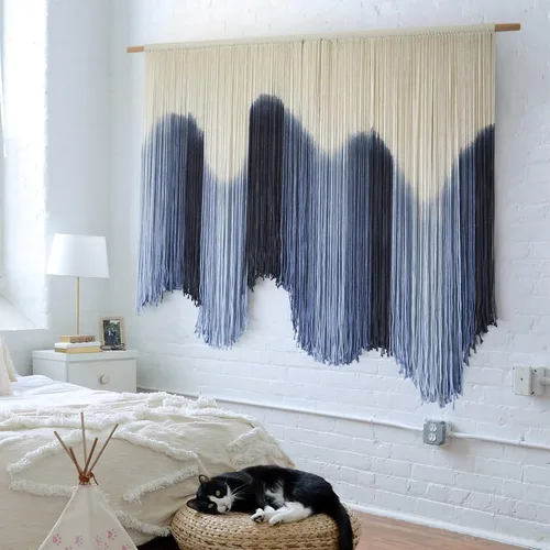 Miniatura 4 de IOWER Colgante de Pared de Macramé Grande Azul Teñido por Inmersión Arte de Fibra Tapiz, Decoración de Pared Boho Hecha a Mano para Sala de Estar