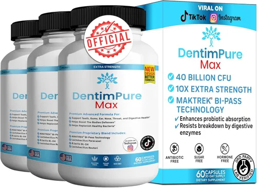 Miniatura 10 de DentimPure Max Suplemento probiótico extra fuerte con 40 mil millones de UFC – Apoya los dientes, las encías, los oídos, la nariz, la garganta