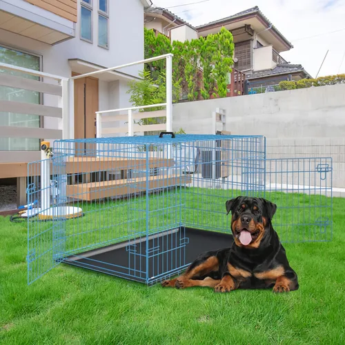 Miniatura 7 de PayLessHere - Jaula grande para perros y perrera para perros medianos y grandes, de metal, con doble puerta, plegable, para viajes, interior y Azul