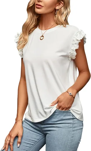 LYANER Camiseta casual de manga de mariposa con cuello redondo y volantes en capas para mujer
