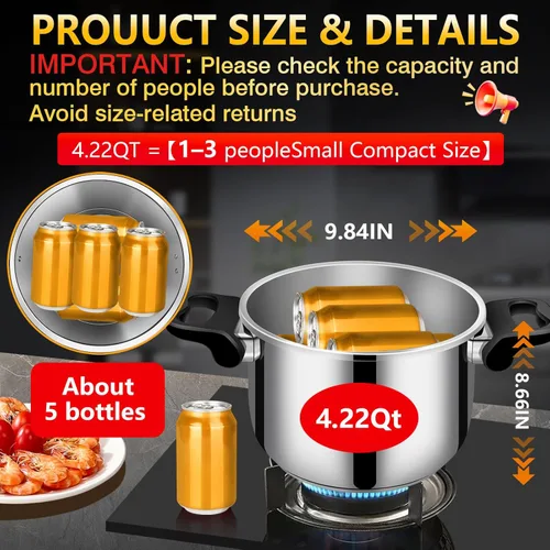 Miniatura 7 de Olla a Presión de Acero Inoxidable 304 4 QT (4.22 Quart) - Bloqueo de Seguridad a Prueba de Explosión, Operación con una Mano, Cocina Rápida