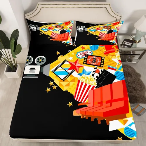 Miniatura 12 de Erosebridal Sábana bajera ajustable de noche de cine tamaño individual para niños y niñas, decoración de cine en casa, sábanas para amantes