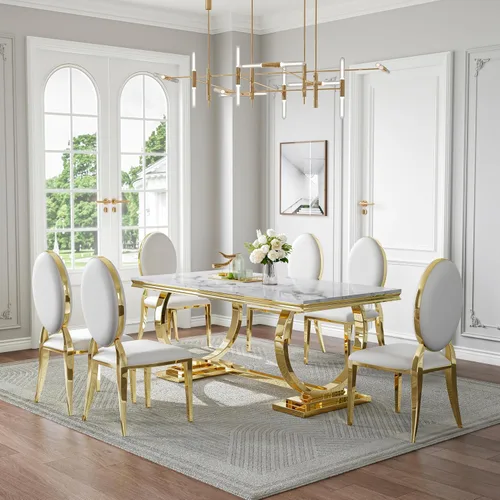 Miniatura 30 de Juego de mesa de comedor de mármol de 70 pulgadas para 6, mesa de cocina grande y sillas de cuero negro, mesas de comedor modernas negras y doradas