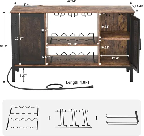 Miniatura 3 de Homieasy Armario de bar de vinos con tomas de corriente y luces LED, gabinete de barra de café industrial con estante para vino para bar en casa