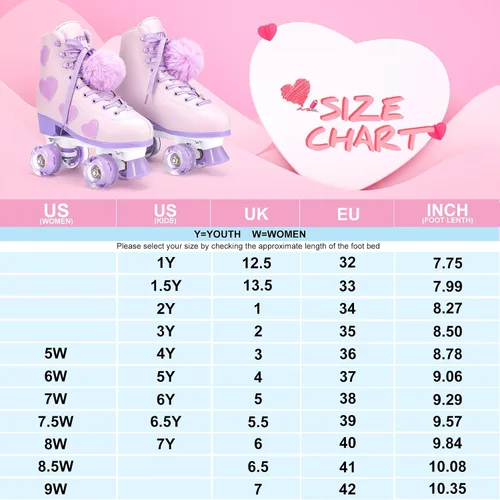 Miniatura 7 de Ruthfot Patines clásicos para mujeres y niñas con ruedas iluminadas y patrón de corazón de amor, patines de cuero PU de caña alta.. Púrpura