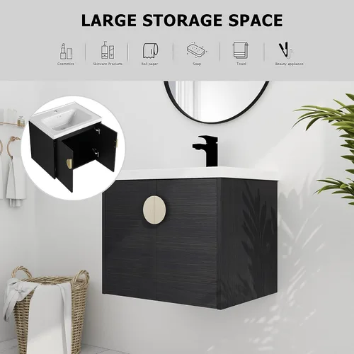 Miniatura 8 de Juego de tocador de baño de 24 pulgadas con lavabo montado en la pared, moderno juego de tocador de baño con lavabo de cerámica blanca y mango