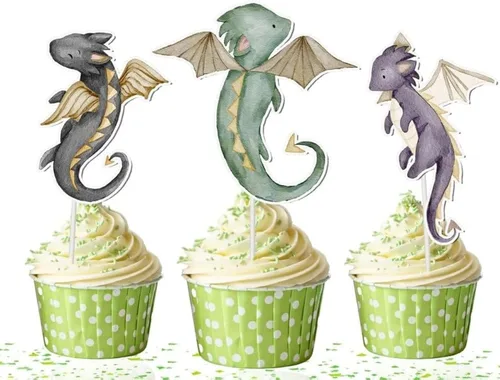Decoración para cupcakes de dragón, 10 piezas, suministros para baby shower y fiesta de cumpleaños con lindos dragones de fantasía para niños,