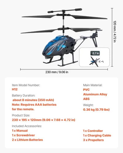 Miniatura 7 de Helicóptero RC VEVOR, helicóptero de control remoto de 2.4GHz, avión RC de 3.5 canales para niños, 16 minutos de tiempo de vuelo, mantenimiento