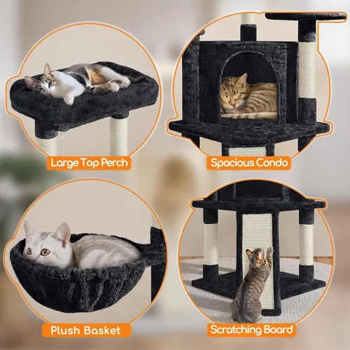 Miniatura 4 de Yaheetech Árbol para gatos, torre para gatos de 42 pulgadas para gatitos de interior, casa de juegos para mascotas con percha grande y postes Negro