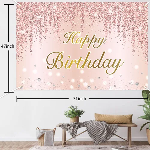 Miniatura 2 de Cartel de decoración de fiesta de feliz cumpleaños de 4 x 6 pies - Cartel de oro rosa - Cartel de feliz aniversario para cabina de fotos de fondo