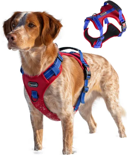 Miniatura 22 de Arnés táctico para perro de tamaño M sin tirones, con asa y ribete reflectante, arnés ajustable para el pecho con clips de correa delantera y Caqui