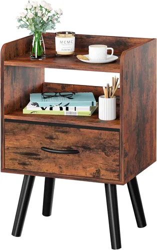Miniatura 13 de Yoobure - Mesita de noche moderna con cajón, mesas de cabecera, mesitas de noche de mediados de siglo con estante de almacenamiento abierto, mesa