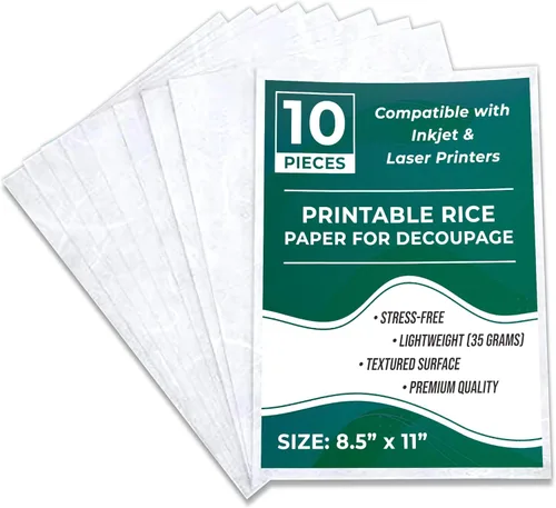 Hojas de papel de arroz imprimibles I Papel de decoupage para impresora de inyección de tinta y láser I Suministros de artesanía I 8.5x11, 30-35GSM