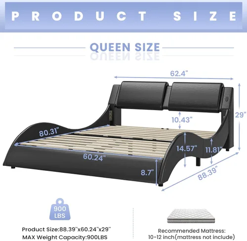 Miniatura 2 de DICTAC - Marco de cama Queen con luces LED y puertos de carga, cama moderna tapizada tamaño Queen con cabecera, marco de cama de plataforma