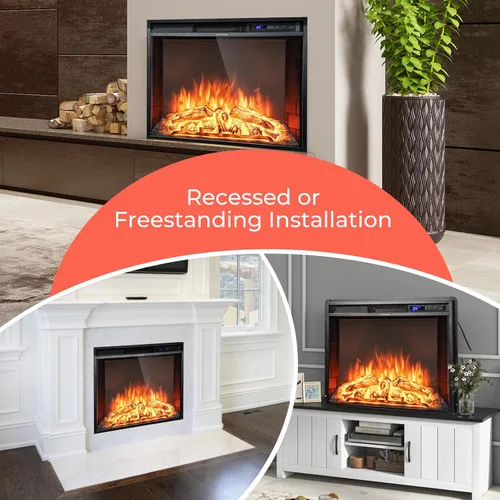 Miniatura 8 de GOFLAME Inserto de chimenea eléctrica de 26 pulgadas, calentador de chimenea empotrado de pared con termostato, 3 colores de llama, 6 brillo