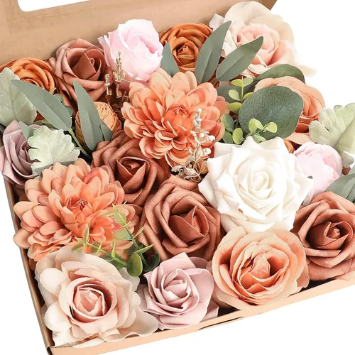 Miniatura 18 de Floroom - Flores artificiales de aspecto real en color lila, lavanda, púrpura y crema, rosas falsas, dalias y vegetación en conjunto de caja