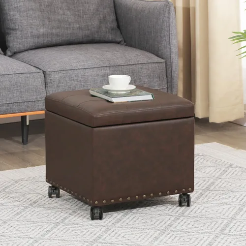 Miniatura 25 de Adeco Otomana moderna de cuero con ruedas, otomana cuadrada negra rodante de 18.8" con almacenamiento, taburete de tocador tapizado acolchado
