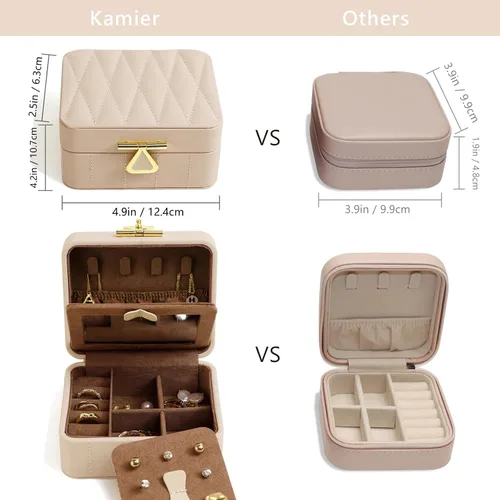 Miniatura 3 de KAMIER Joyero de viaje, organizador de joyas de viaje de cuero acolchado con diamante, caja organizadora de joyas de viaje pequeña para mujeres