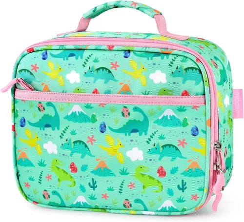 mibasies Lonchera para niñas pequeñas, bolsa de almuerzo aislada y reutilizable para la escuela, bosque de dinosaurios verde claro Forset de