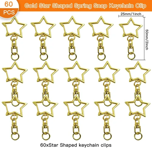 Miniatura 2 de 60 piezas de clip de llavero dorado en forma de estrella, cierre giratorio de metal con hebilla colgante de cadena con conector de anillo abierto