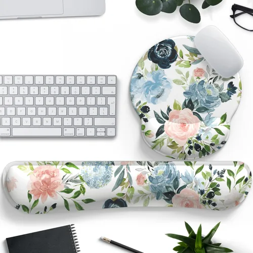 Alfombrilla de ratón con diseño floral verde, azul, rosa, con soporte para muñeca, juego de reposamuñecas para teclado, alfombrilla de ratón Flores