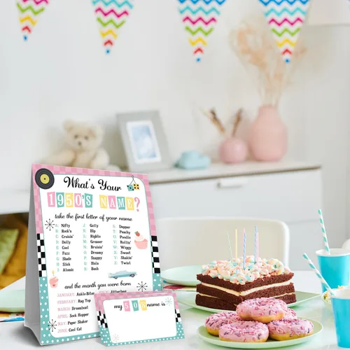Miniatura 5 de ¿Cuál es tu nombre de los años 50 Juego, 1 señal de doble cara y 30 tarjetas adhesivas, Juegos de fiesta de cumpleaños retro para niños y adultos