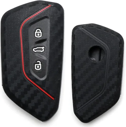 iJDMTOY Funda para llavero de silicona suave con patrón de fibra de carbono negra con rayas rojas compatible con Volkswagen MK8 Golf/GTI ID 4, Skoda