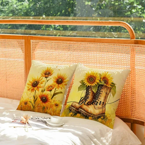 Miniatura 4 de Juego de 4 fundas de almohada decorativas de girasol de 12 x 12 pulgadas, fundas de almohada cuadradas de lino, fundas de almohada cuadradas de lino