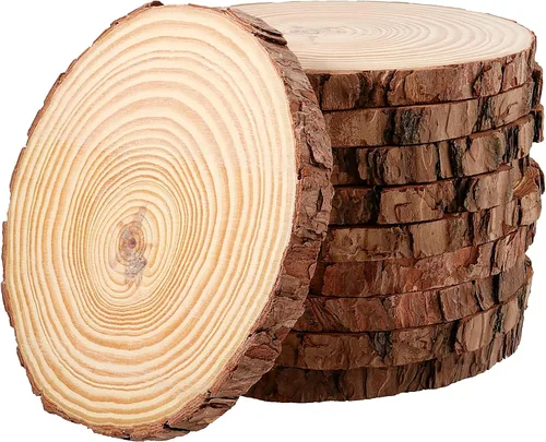 Miniatura 10 de JEUIHAU 6 piezas de rebanadas de madera natural sin terminar de 8 a 10 pulgadas, discos redondos de madera para corteza de árbol, círculos de madera