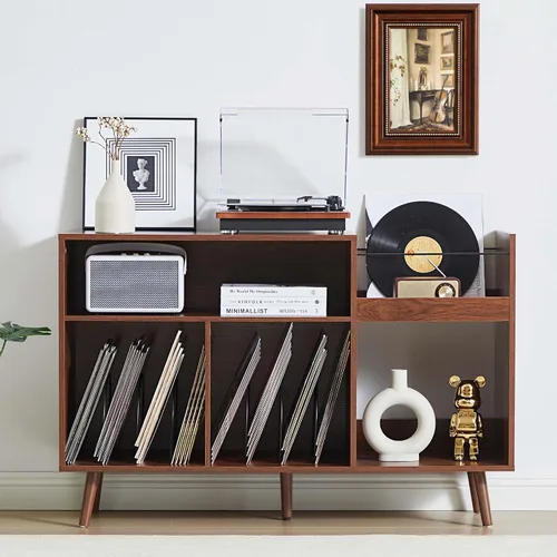 Miniatura 5 de RARZOE Soporte grande para tocadiscos, soporte de exhibición de discos de vinilo de mediados de siglo, soporte para tocadiscos con almacenamiento