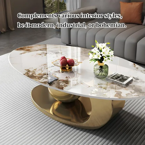 Miniatura 5 de Mesas de centro modernas de 51.2 pulgadas para sala de estar, mesa central ovalada de mármol con base dorada de metal de lujo, resistente al calor
