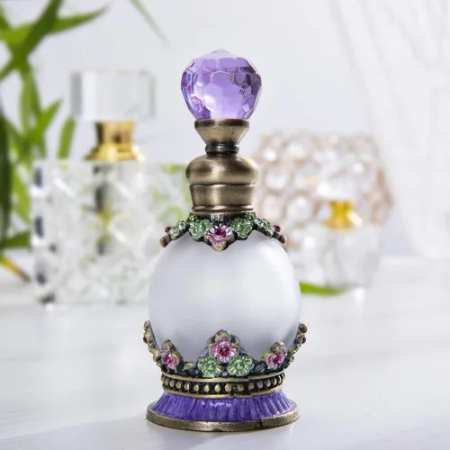 Miniatura 4 de YU FENG Botella de perfume de cristal antiguo de 15 ml, botella pequeña con flor embellecida, redonda, recargable, elegante, retro, botella de Morado