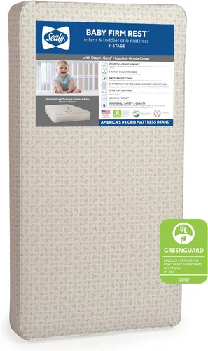 Sealy Colchón para cuna de bebé firme antibacteriano de 2 etapas de doble firmeza impermeable y colchón de cama infantil, 204 bobinas premium,