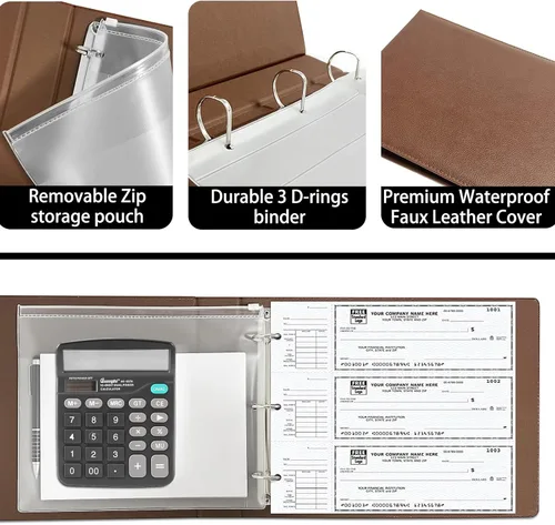 Miniatura 4 de Carpeta de 3 anillos para cheques de escritorio con trozos finales, 3 en una página, ajuste de 3 y 9 agujeros de piel sintética
