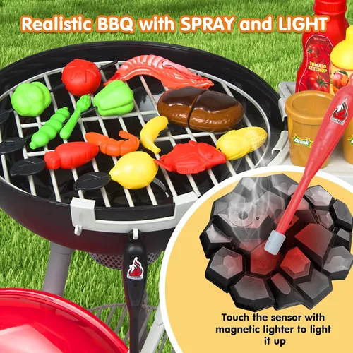 Miniatura 3 de Juego de parrilla de barbacoa de 79 piezas para niños, juego de cocina con aerosol realista, luz y sonido, juguete interactivo para niños y niñas