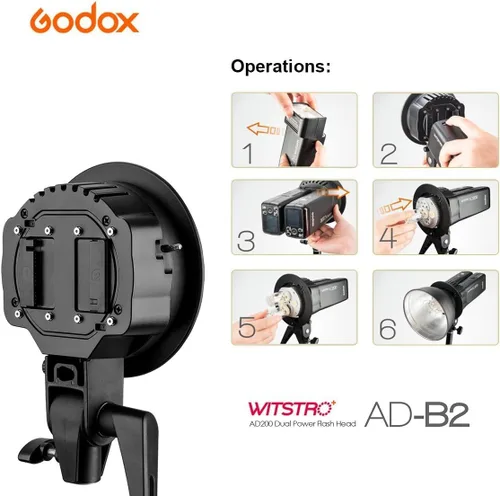 Miniatura 7 de Godox AD-B2 Dual Power Twin Head Bowens Mount para instalar 2 Godox AD200Pro II o AD200 Pro Pocket Flash o Flashpoint eVOLV 200 TTL Modular Strobe