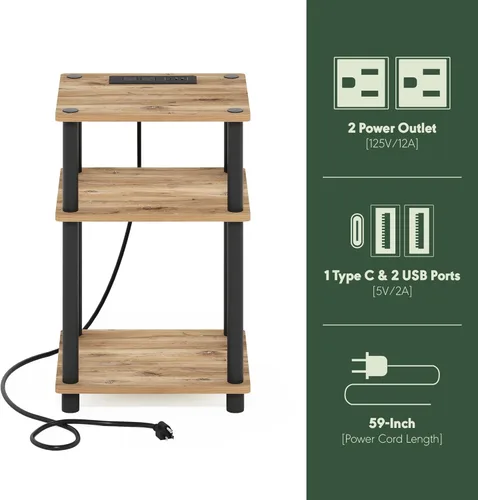 Miniatura 9 de Furinno Just Mesa auxiliar de 3 niveles con puerto de carga USB y tipo C con almacenamiento abierto, 11.42 pulgadas de ancho x 8.82 pulgadas de alto