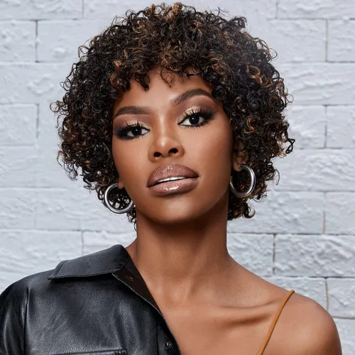 Miniatura 10 de Peluca de cabello humano rizado estilo Bob para mujeres negras, 150% de densidad, mezcla de castaño caoba, peluca corta sin pegamento por