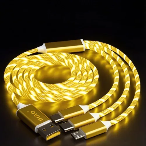 Miniatura 26 de IHAO Cable de carga multipuerto, 3 combinaciones en un cable USB A a USB C/Micro USB PD, cable de carga rápida iluminado LED que fluye compatible