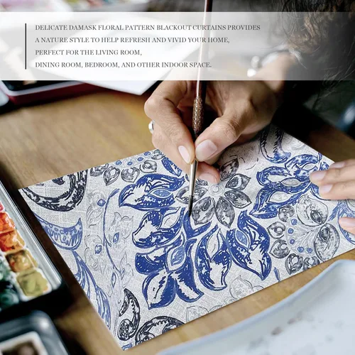 Miniatura 7 de Metro Parlor Cortinas Opacas 100% con Patrón Floral de Damasco Azul Gris de 63 Pulgadas de Largo, 2 Paneles para Sala de Estar, Dormitorio