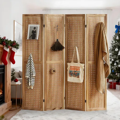 Divisor de habitación de 4 paneles de madera de 5.6 pies, pantalla de privacidad plegable, divisor de pared para dormitorio, organizador portátil