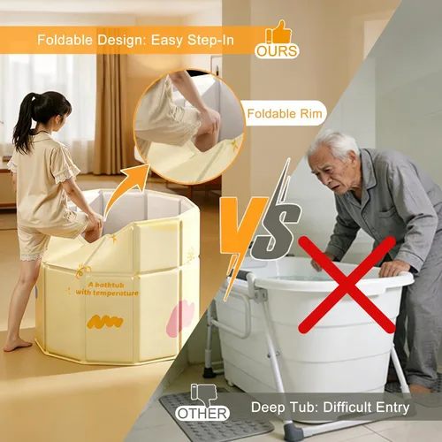 Miniatura 3 de Quivora - Bañera portátil de 27.5 pulgadas para adultos, personas mayores, niños y mascotas, borde plegable hacia adentro para facilitar el piso